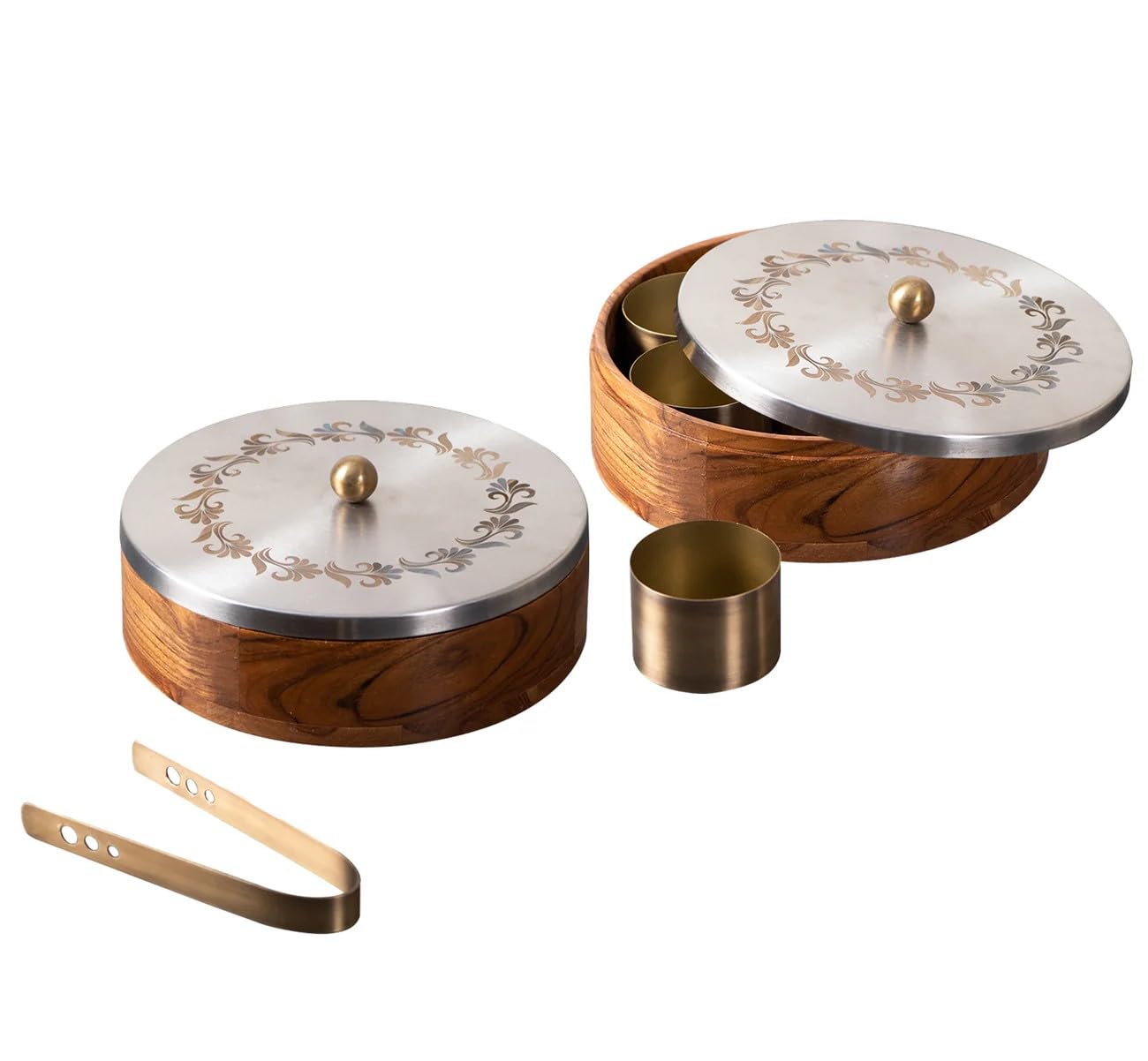 set of 2 wooden etched work casserole with matching spice box for kitchen/gift item, color : silver